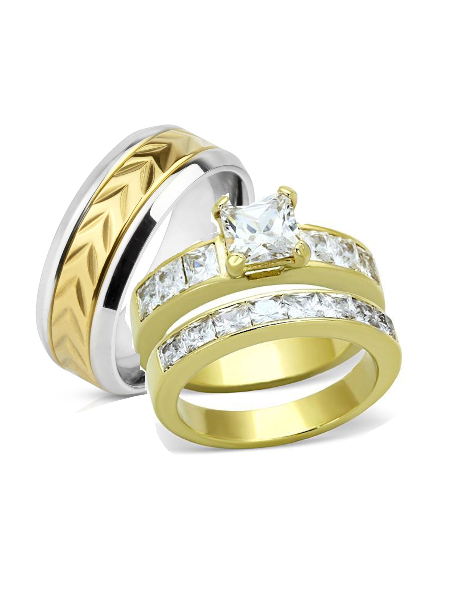 Women's Stainless Steel Solitaire Round cz Engagement Wedding Gold GP Ring Set 