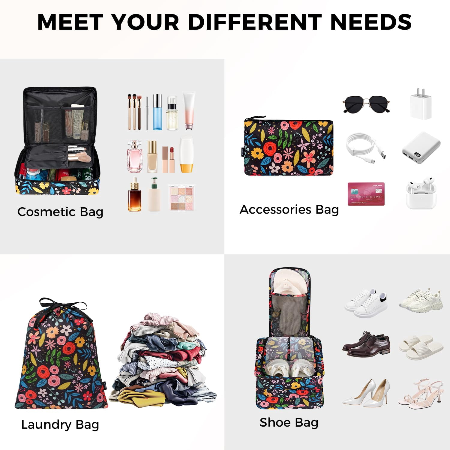 8 Set Packing Cubes Luggage Organizers For Travel Accessories-black Floral