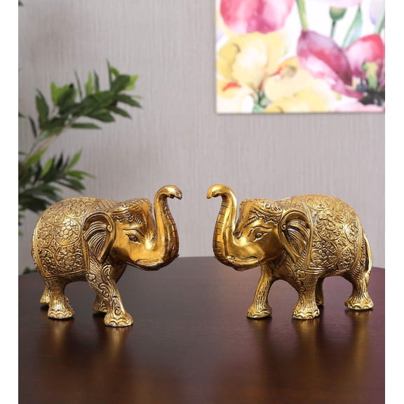 Metal Elephant Statue Small Size Gold Polish 2 pcs Set for Your Home,Office Table