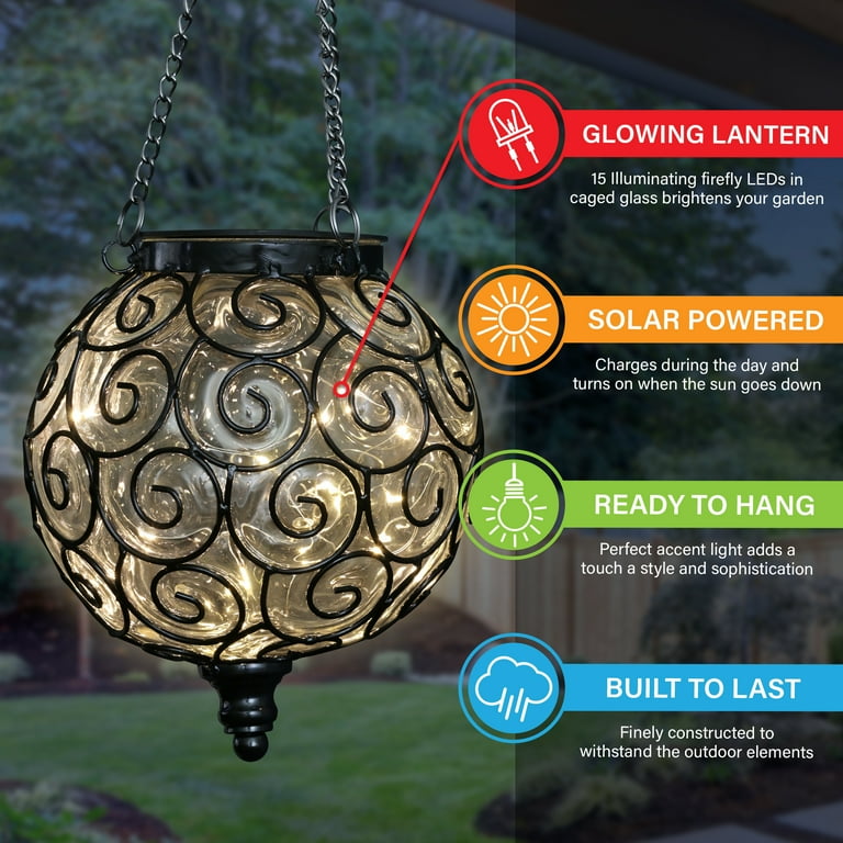 Exhart Solar Round Glass and Metal Hanging Lantern with 15 LED Fairy Firefly String Lights, 7 by 21 inches, Clear