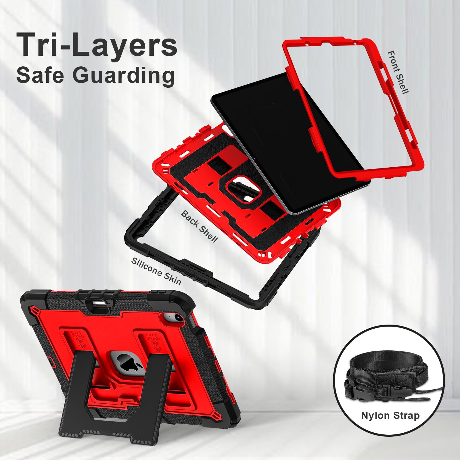 ELEHOLD 3-Layer Rugged Case For Apple iPad Air 11‑inch (M4) 2026, Heavy Duty Shockproof Logo Visible Foldable Kickstand Drop Protection Cover with Pencil Holder + Shoulder Strap, Black+Red