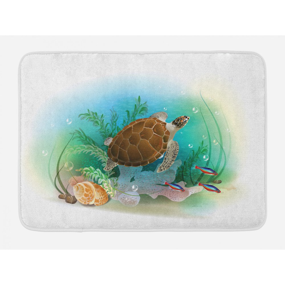 Ocean Bath Mat, Sea Turtle Swims in the Ocean Tropical Underwater World