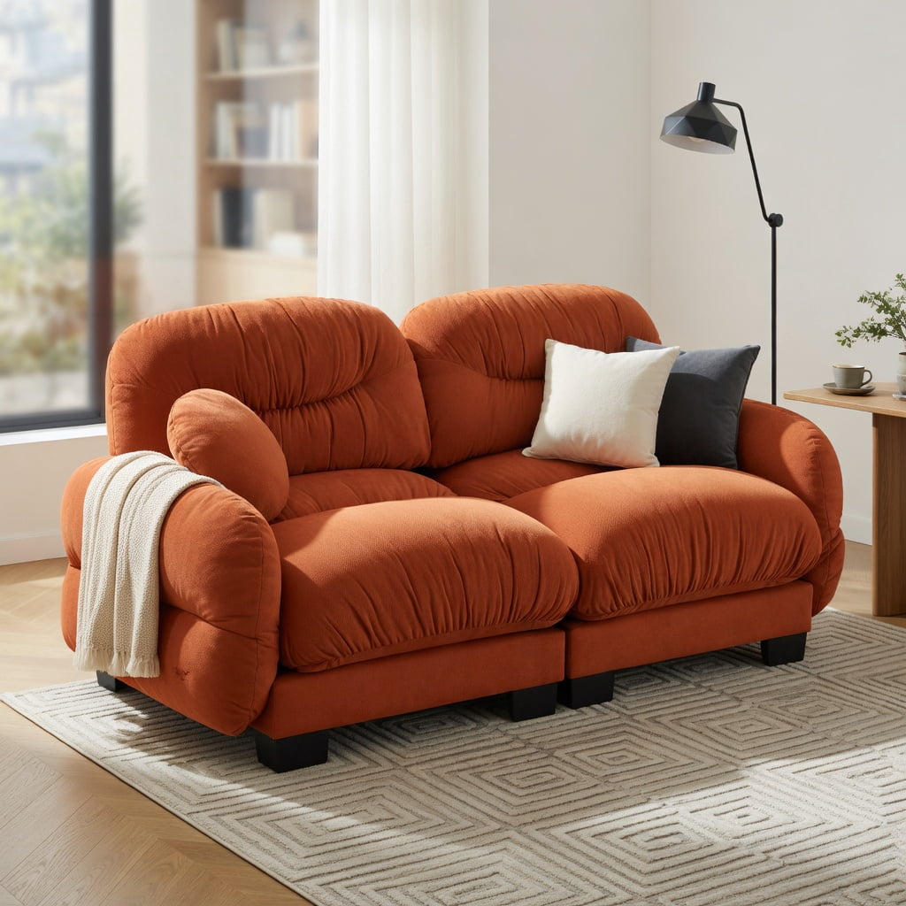 Hommoo Chenille 2-Seater Modular Sofa with Pleated Back, Ergonomic High-Density Foam Cushions, Curved Armrests & 2 Round Throw Pillows, Orange