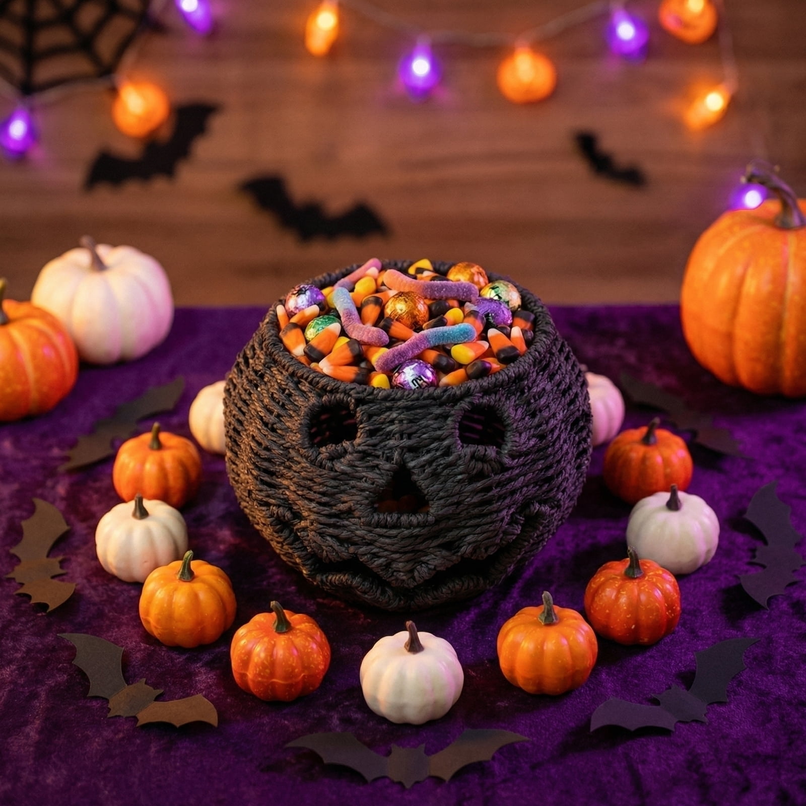 Decorr Halloween Pumpkin Basket Decor, 9x10" Black Woven Jack-O-Lantern with Witch Hat, Spooky Halloween Treat Bucket, Handwoven Halloween Party Decor & Trick-or-Treat Basket