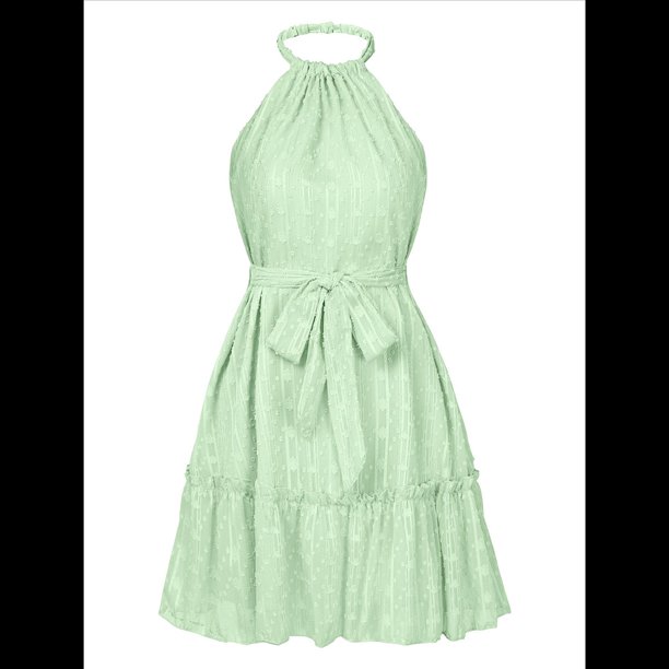 Vestido Sin Mangas con Espalda Descubierta y Volantes Verde S