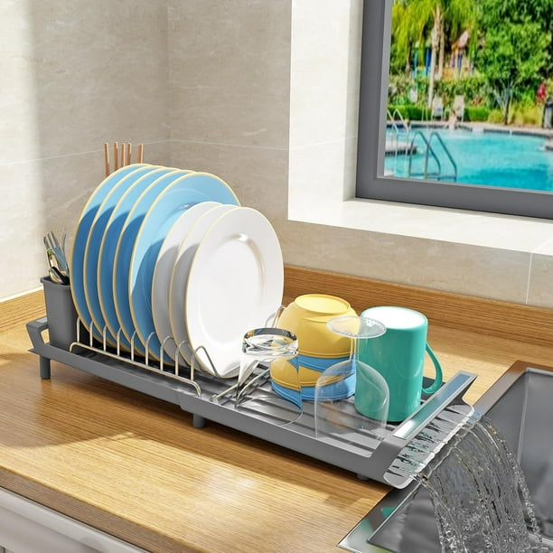 Escurridor de platos, escurridor de platos expandible para encimera de cocina con soporte para utensilios, escurridor de platos pequeño de acero inoxidable con escurridor para cocina en fregadero