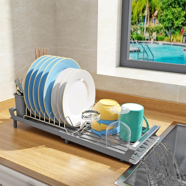 Escurridor de platos, escurridor de platos expandible para encimera de cocina con soporte para utensilios, escurridor de platos pequeño de acero inoxidable con escurridor para cocina en fregadero