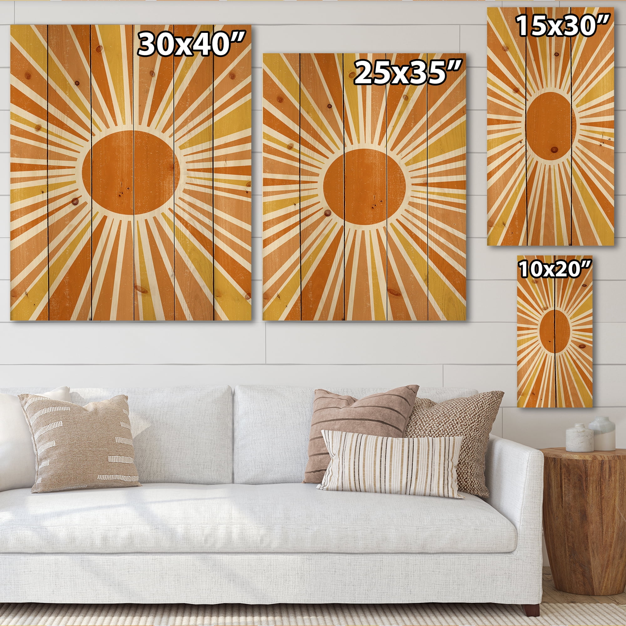 Designart 'Minimal Bright Shining Orange Sun Rays I' Modern Print on Natural Pine Wood