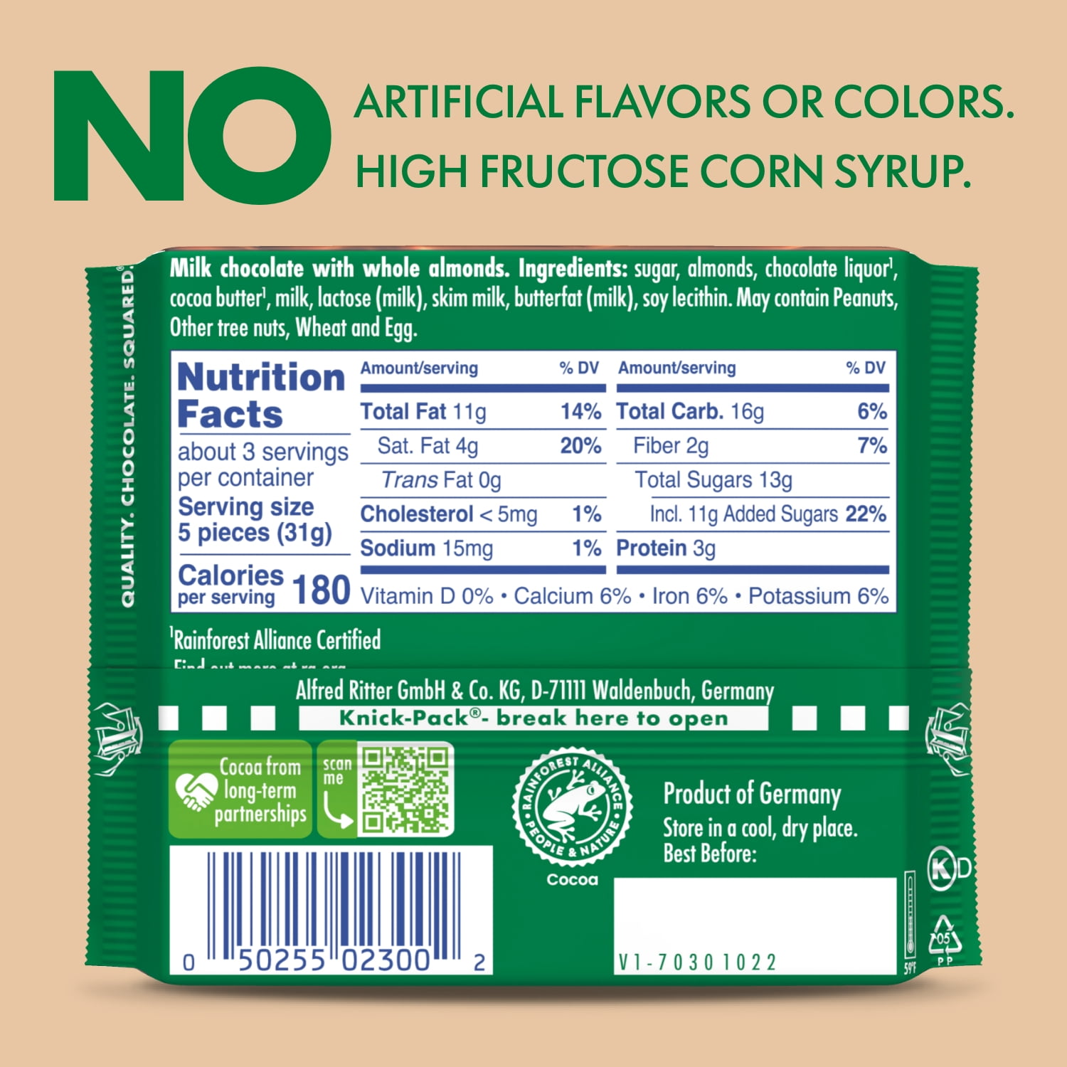 (2 pack) Ritter Sport Milk Chocolate Candy Bar with Crunchy Whole Almonds – Authentic German Chocolate, Wrapped, 3.5 oz