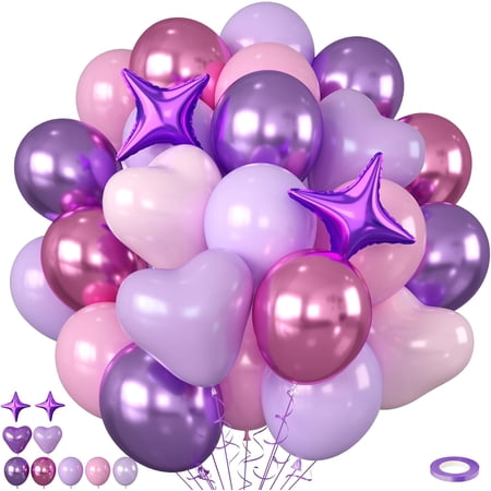Pink and Purple Balloons 50pcs Pink Purple Balloons With Macaron Heart Latex Balloon Four Star Heart foil Balloon For Birthday Baby Shower Girls Women Party Wedding Bridal Shower Anniversary Decor