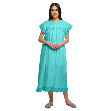 

Moomaya Solid Women s Button Placket Mid Calf Length Nightdress Cotton Nightwear