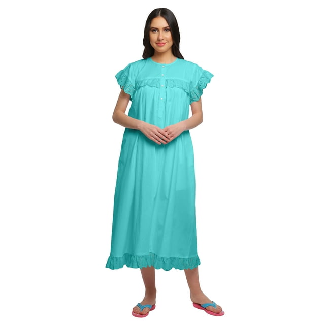 Moomaya Robe de Nuit Unie à Manches Courtes pour Femmes, Col en V, en Coton