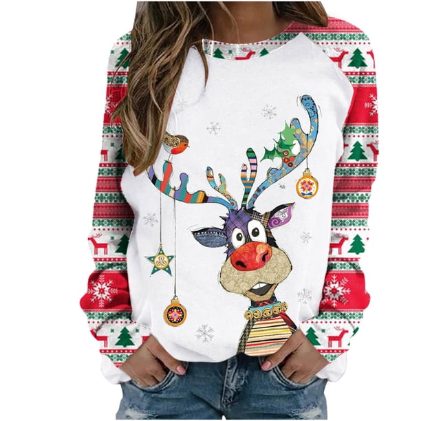 Sudaderas de Cuello Redondo de Navidad Para Mujer Estampado de Manga Larga Suelta Tops Individuales Blusa Odeerbi ODB193383