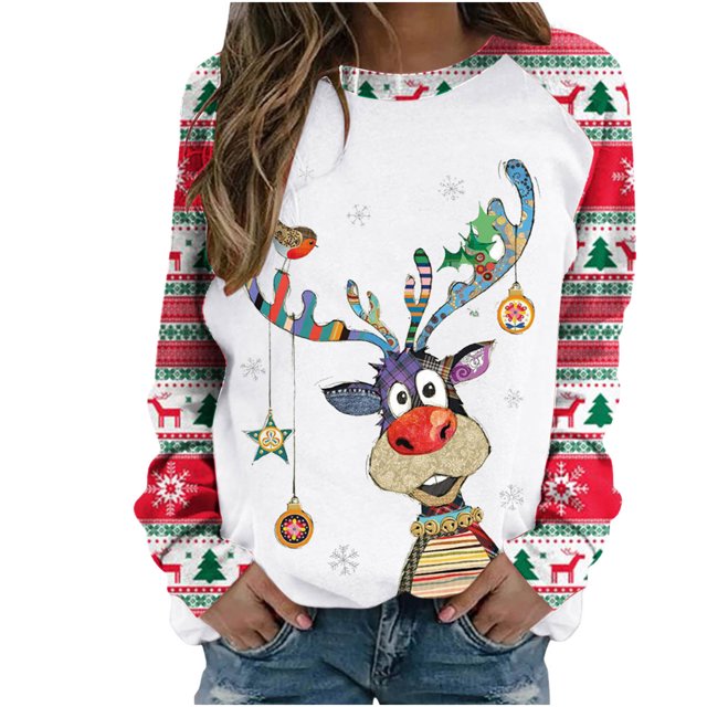 Sudaderas de Cuello Redondo de Navidad Para Mujer Estampado de Manga Larga Suelta Tops Individuales Blusa Odeerbi ODB193386
