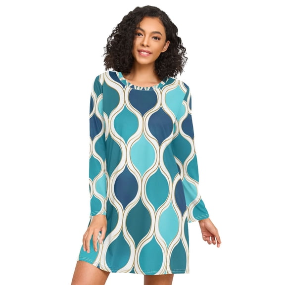 FORMRS Womens Long Sleeve Nightgowns Crew Neck Sleep Shirt Soft Pajamas Sizes S-3XL, Blue Geometric Pattern