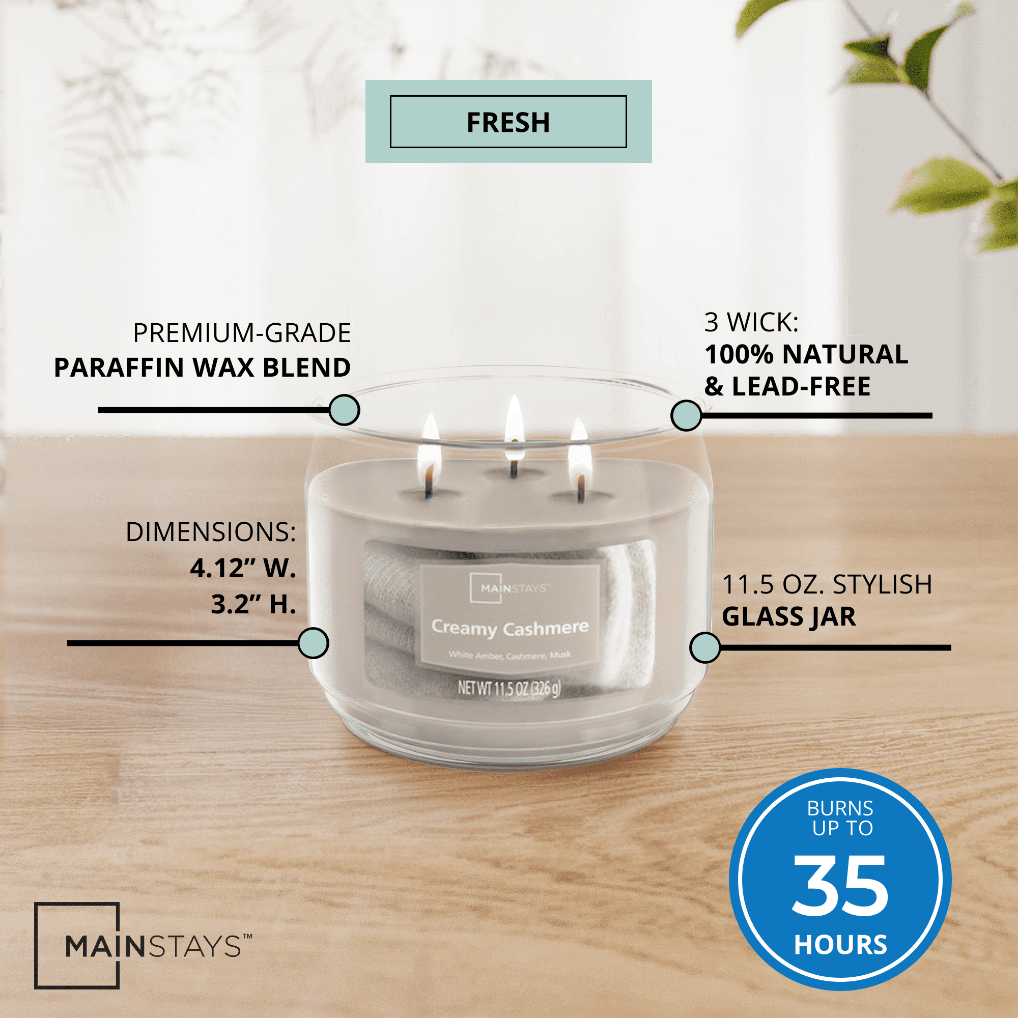 (4 pack) Mainstays 3-Wick Scented Glass Jar Candle, Creamy Cashmere, 11.5 oz