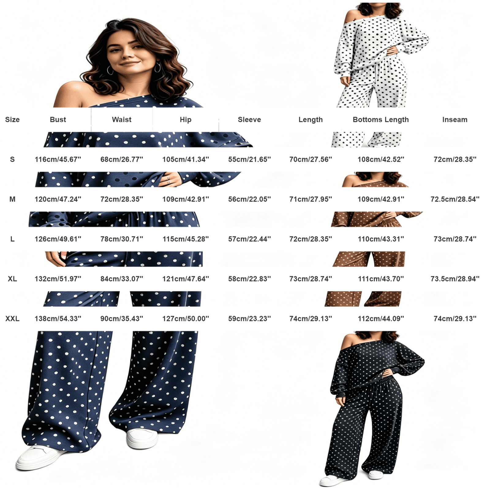 Women's Trendy Polka Dot Sweat Set 2 Piece Off Shoulder Long Sleeve Shirts Wide Leg Pants Oversized Elegant Sweatshirt with Sweatpants Fall Winter Office Travel Outfit, White S