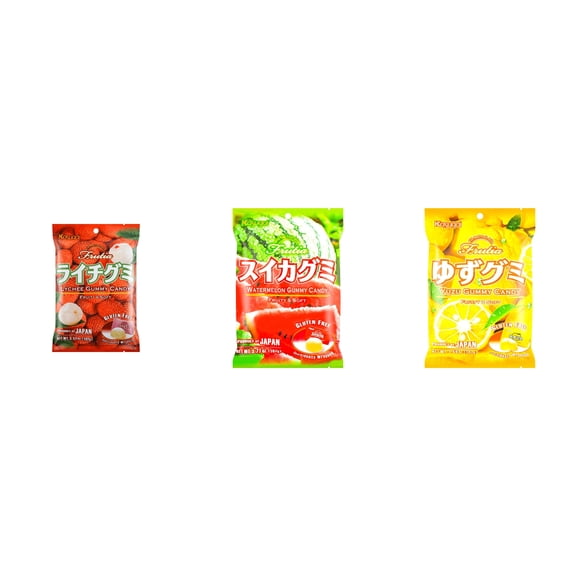 3 Pack Kasugai Gummy Candies, Made in Japan, Gluten Free, Mix 3 Flavor (Lychee,Watermelon,Yuzu) Plus NineChef Brand Long Handle Coffee Spoon