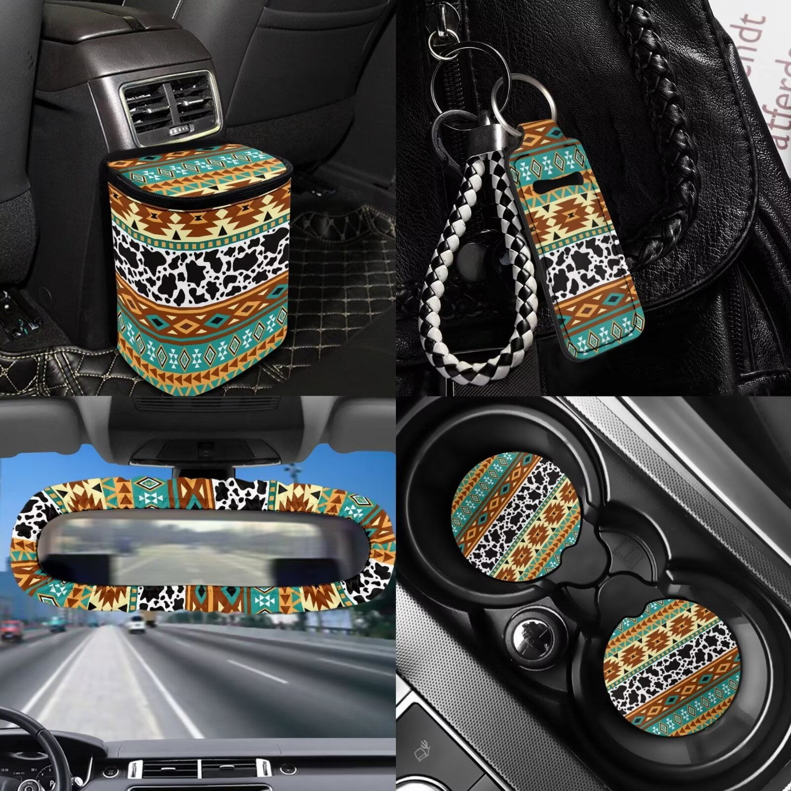 KUIFORTI Cow Print Car Seat Covers Full Set with Steering Wheel Cover Boho Car Accessories for Women Front Rear Seat Covers Wrist Strap Seat Belt Cover for SUV Car