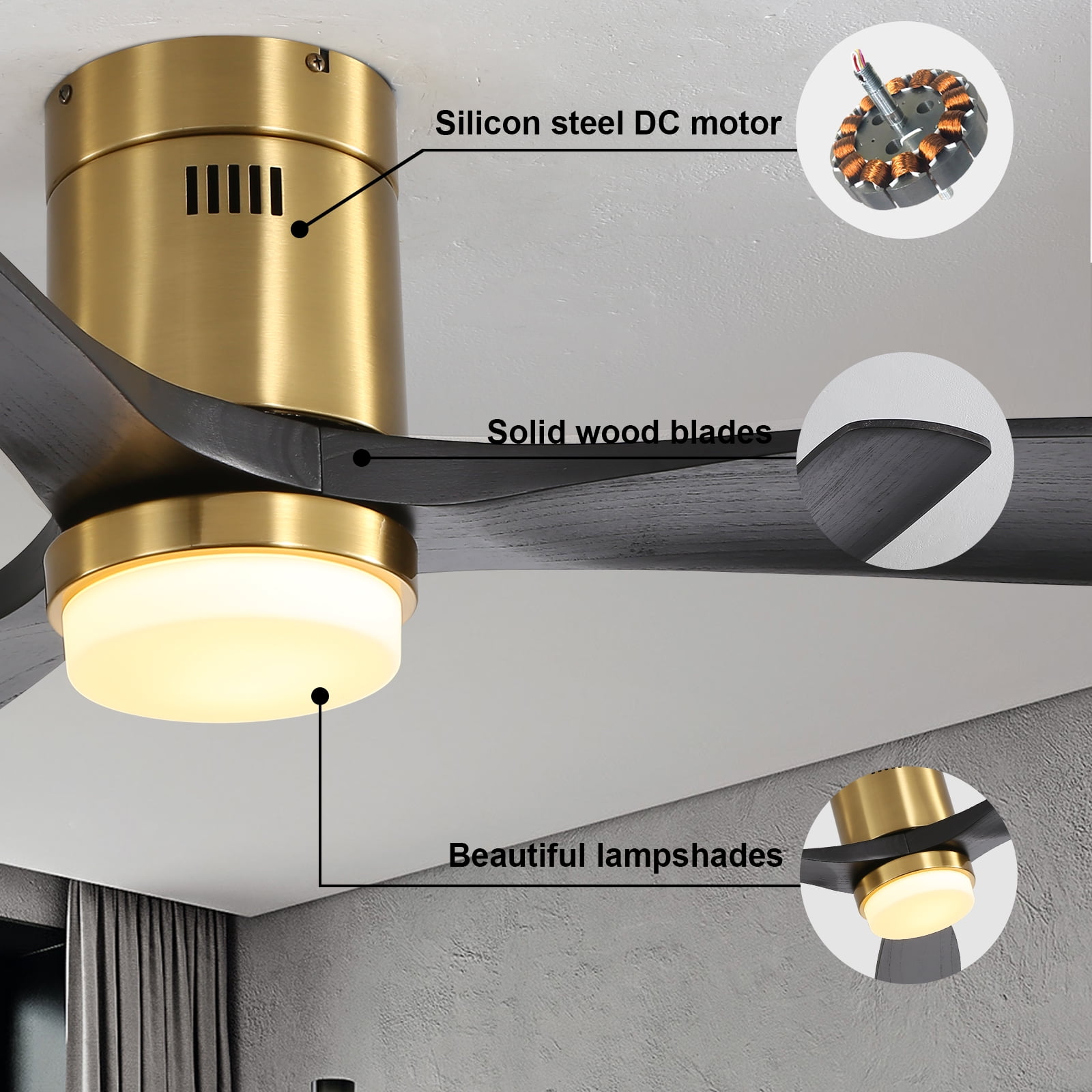 Sofucor 52" Modern Ceiling Fan with Dimmable LED Light, Matte Black Wood Blades, Remote Control
