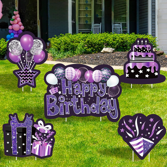 Black Purple Happy Birthday Yard Signs with Stakes,Glittery Lawn Sign for Birthday Party Decoration,5pcs