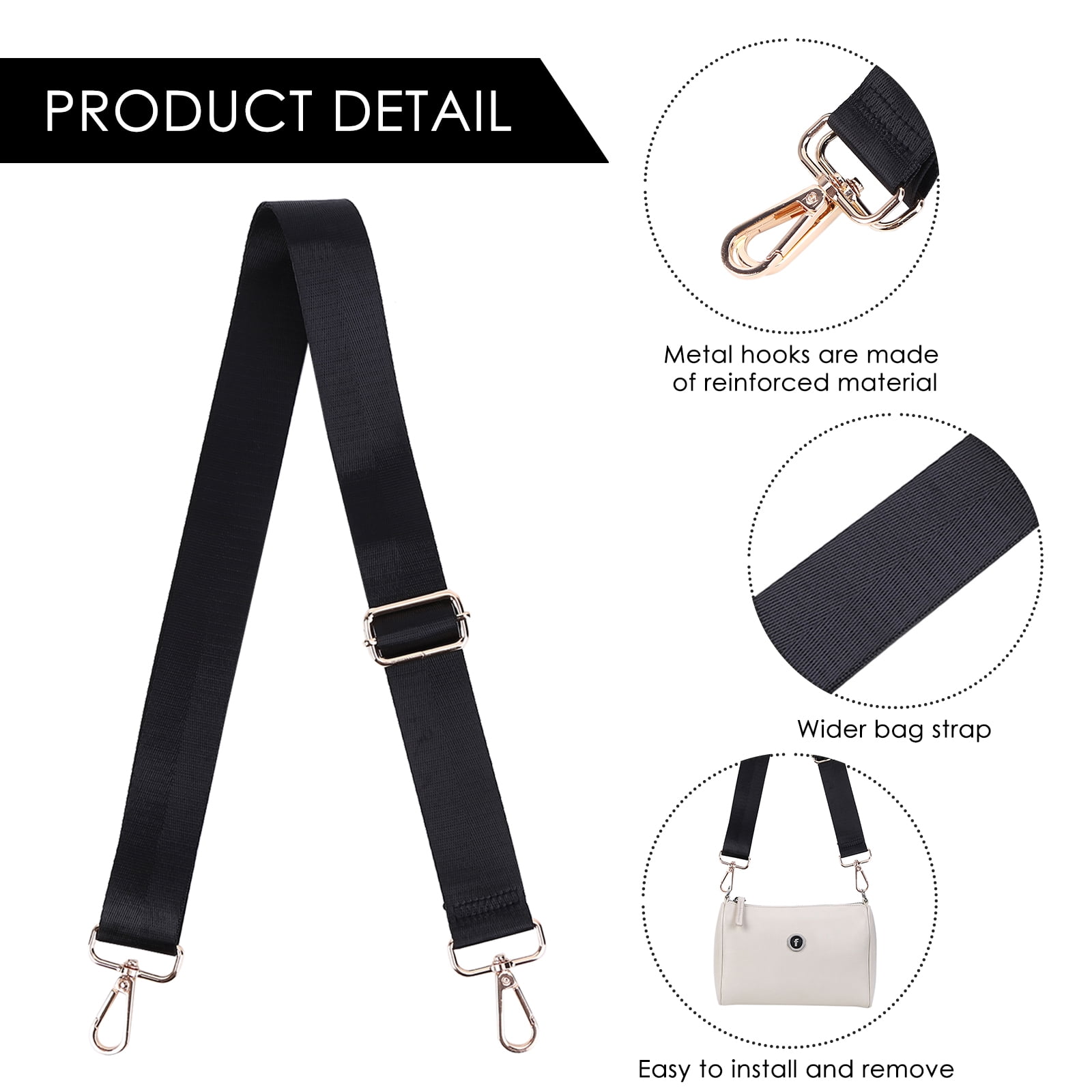 Wuyanis Bag Shoulder Strap Soft Canvas Bag Strap with Metal Swivel Hooks Black
