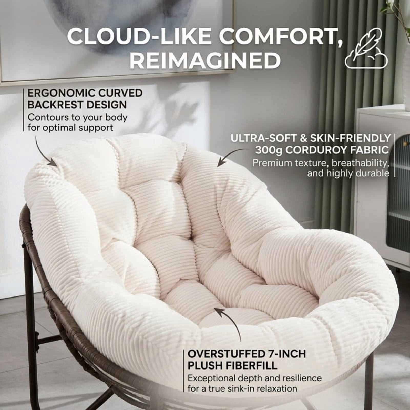 Howcool Patio Round Oversized Rocking Chair with Padded Cushion, Papasan Rattan Recliner Armless Chair