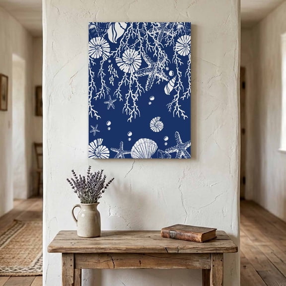 Ships Next Day Canvas Wall Art 8"x10",Navy Blue Coastal Wood Framed Canvas Print Painting,Starfish Coral Ocean Conch Sea Nautical Ready to Hang Small Picture Wall Decor for Bathroom Nursery Office
