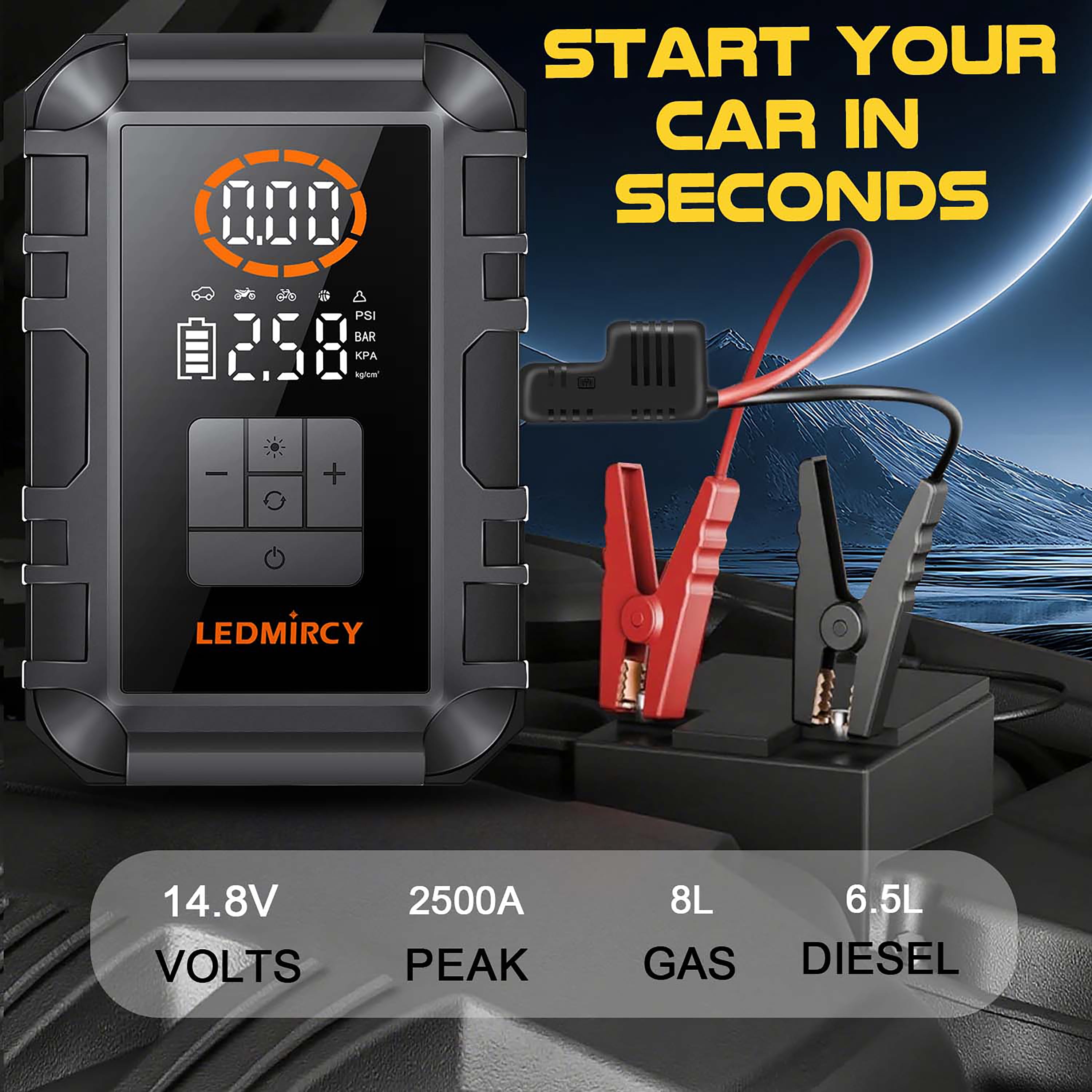 LEDMIRCY 2-in-1 Car Jump Starter and Tire Inflator with LED Display, Flashlight, USB Fast Charge, All-In-One Design, High Quality