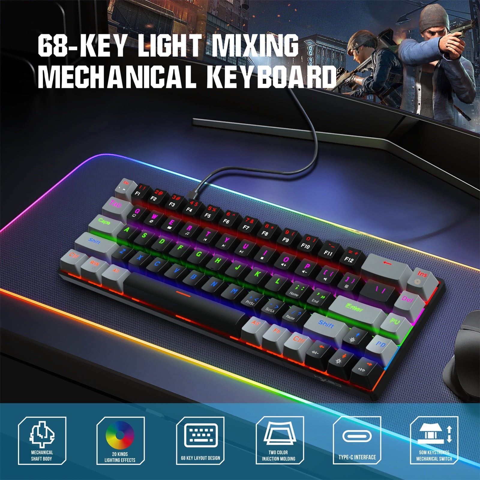 SUWHWEA Mini 68 Key Mechanical Keyboard Type-C Wired Keyboard RGB LED  Backlit Blue Axis Gaming Mech Keyboard