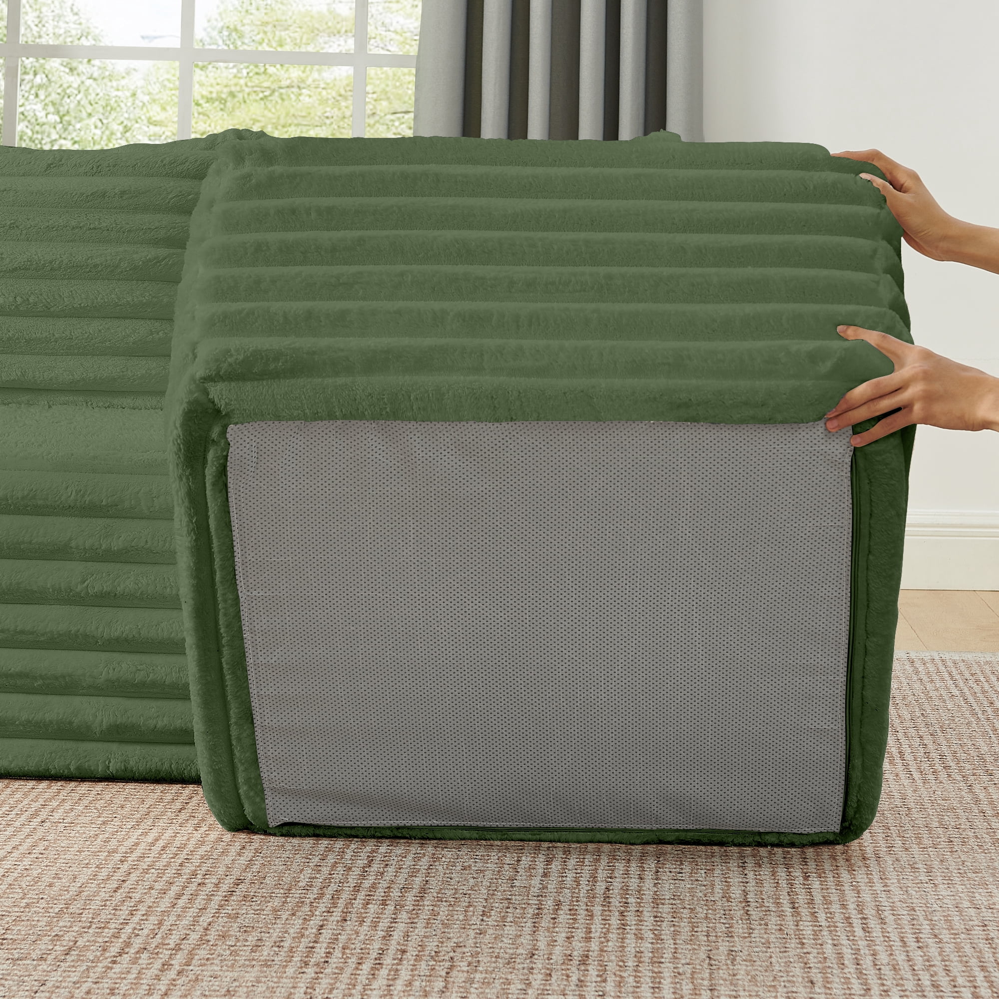 BSHTI 127" Corduroy U Shape Sectional Sofa with Console, Cup Holders, USB Port, 2 Ottomans for Living Room（Green）