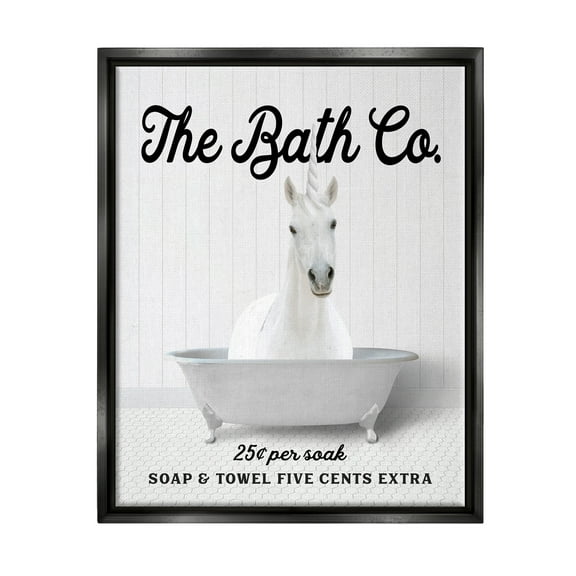 Stupell Industries Vintage Bath Ad Unicorn Animals & Insects Painting Black Floater Framed Art Print Wall Art, 25 x 31