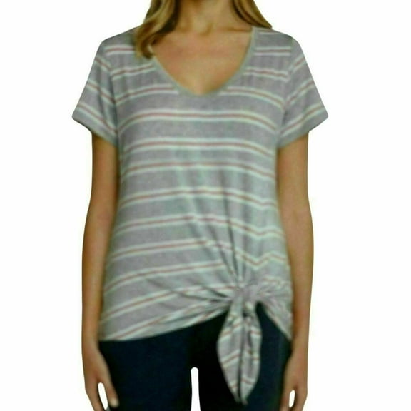 NEW!!! Matty M Ladies' V-Neck S/S Knot Tie Stripe Shirt (HT Grey Stripe & Large)