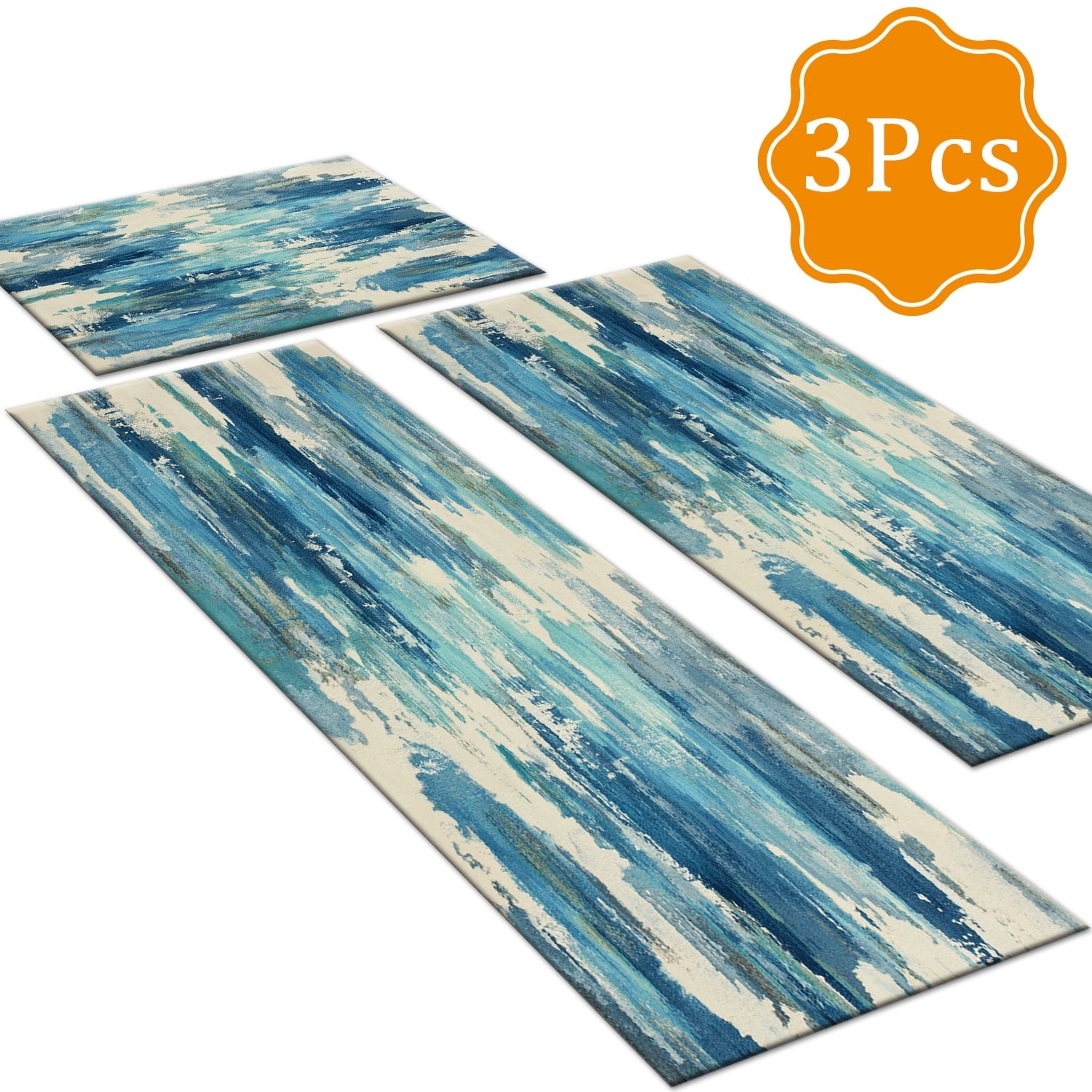3-Piece Farmhouse Kitchen Rug Set, Washable Anti Slip Striped Floor Mats in 3 Sizes, Stain Resistant Decor Rugs for Kitchen Hallway Bathroom Home Christmas Decor