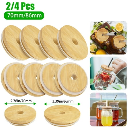 Image of 2/4pcs Bamboo Mason Jar Lids EEEkit Storage Canning Jar Lids with Straw Hole 70mm/86mm Ball Jar Lids with Silicone Sealing Gasket Reusable Mason Jar Lids for Regular and Wide Mouth