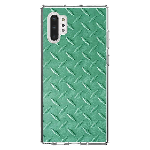 DistinctInk Clear Shockproof Hybrid Case for Galaxy Note 10 PLUS (6.8" Screen) - TPU Bumper, Acrylic Back, Tempered Glass Screen Protector - Green Diamond Plate Steel Image - Printed Diamond Plate