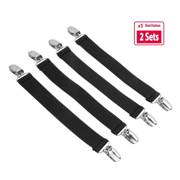Hold’Em Bed Sheet Fastener Suspenders - Adjustable, Straight or Crisscross Sheet Strap Holder Clips Black & White