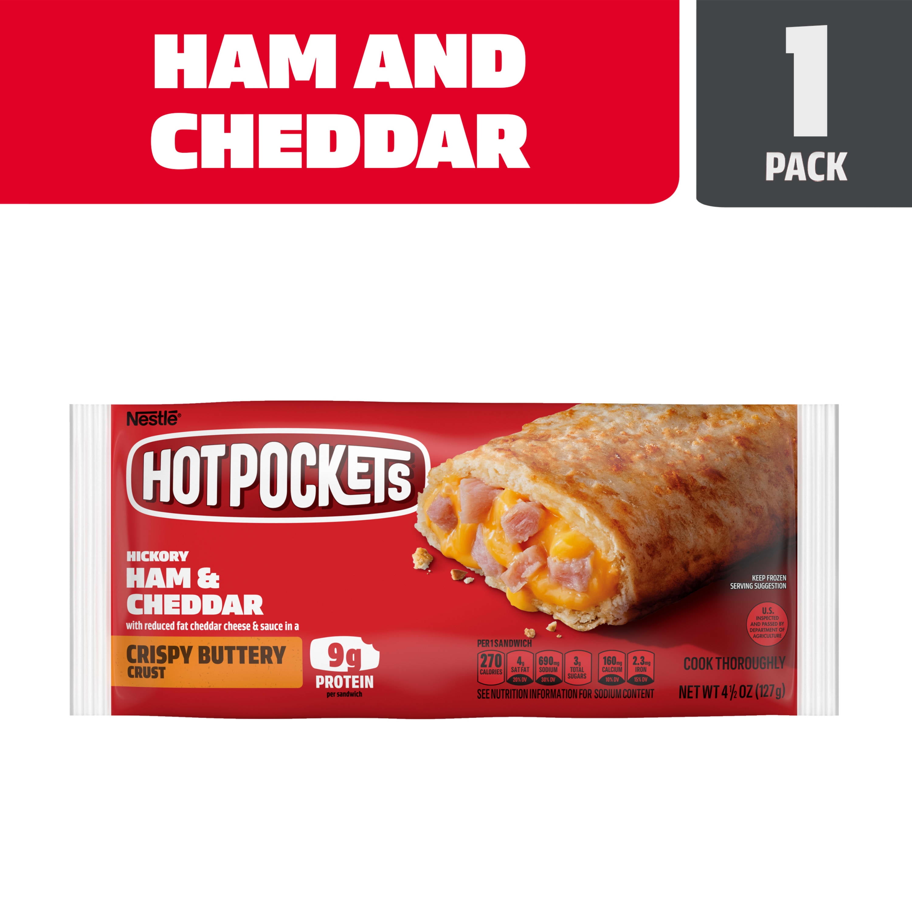Hot Pockets Frozen Snacks Ham and Cheddar Sandwich, 4.5 oz (Frozen