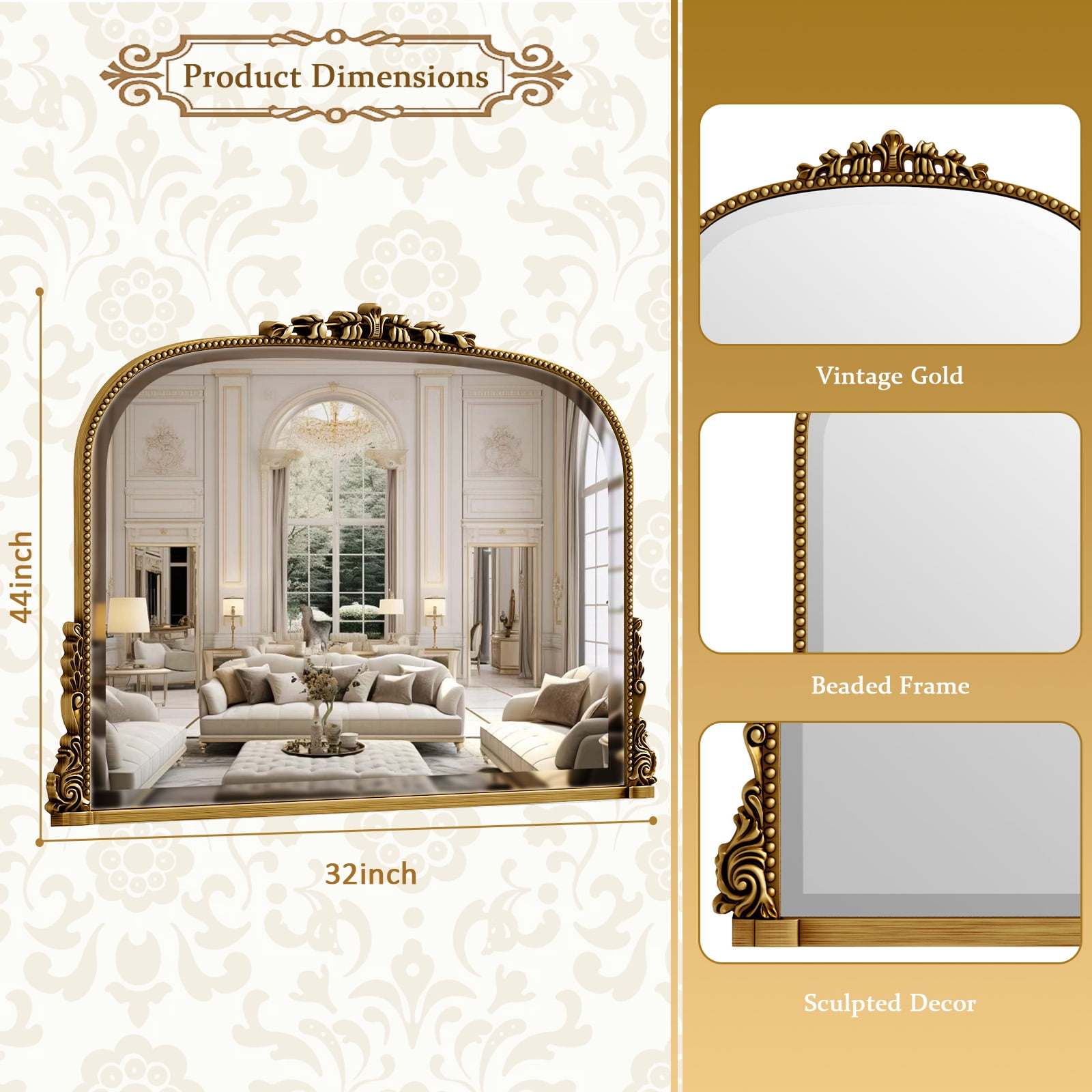 BEAUTYPEAK 44"x 32" Arched Vanity Mirror Vintage Decor Mirror Wall Mounted, Antique Gold