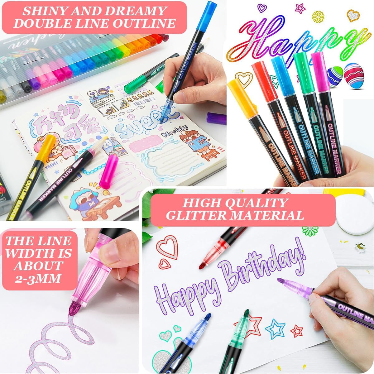 Dreamy Sparkle Dual-Line Contour Pen,Waterproof Self-Outline Metallic Markers,Double Line Highlighter for DIY,Art Drawing