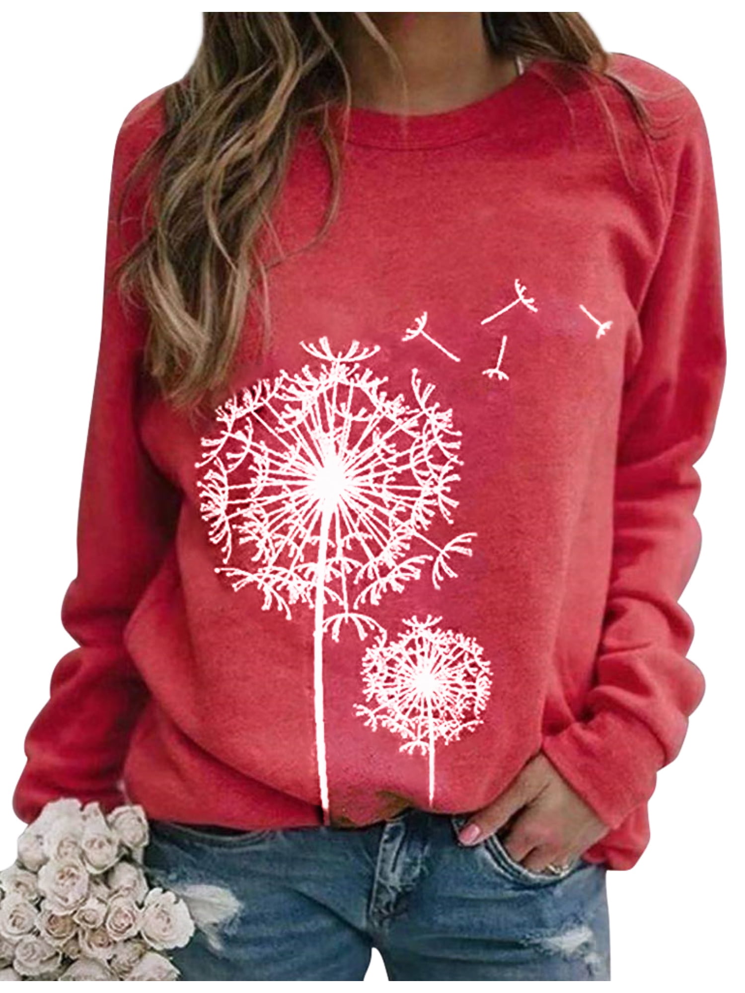 Love Crew Neck Comfy Tees Shirts Top Dandelion with Hearts Womens Crewneck Long Sleeve XX-Large