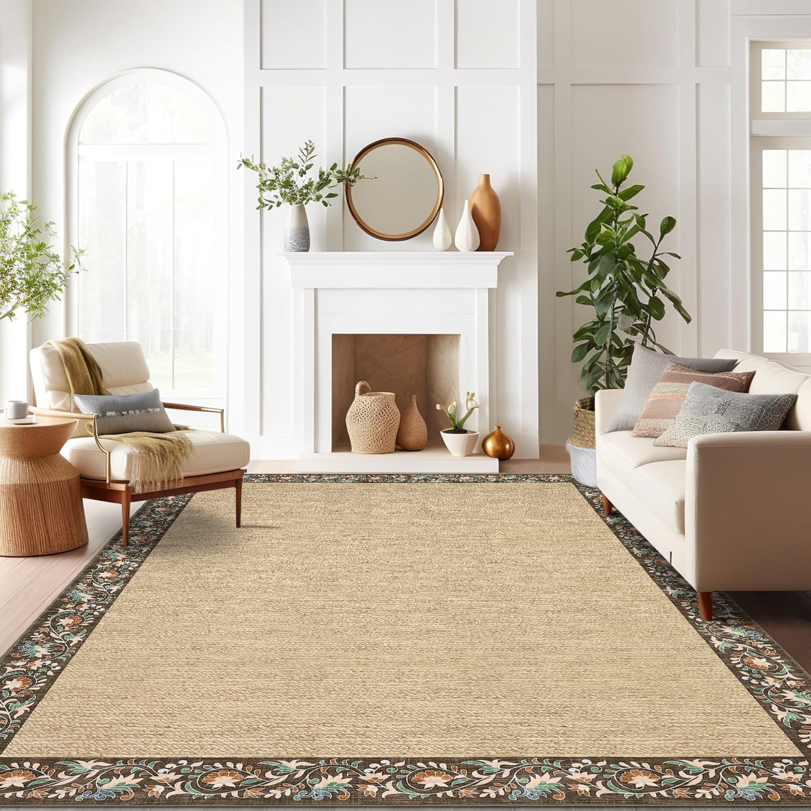 Hasoo Large Washable Rug 9' x 12' Area Rug for Living Room Modern Simulated Woven Texture Floral Bordered Non-Slip Neutral Indoor Decor Carpet, Brown