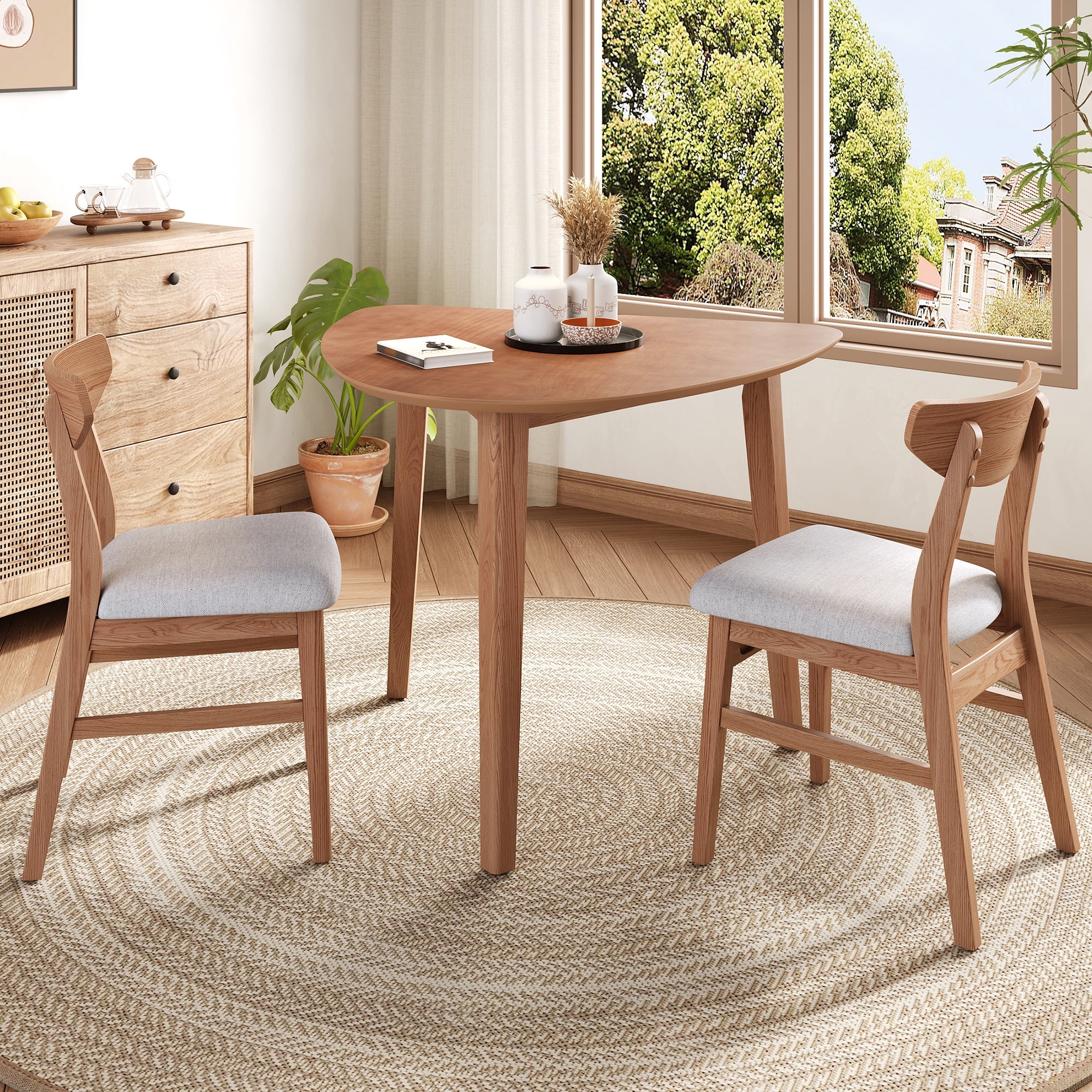 GARITIN 3-Piece Modern Table Set, Triangular Side Table & 2 Curved Wood Chairs, Minimalist Space-Saving Dining Set for Living Room Kitchen Small Space, Light Brown