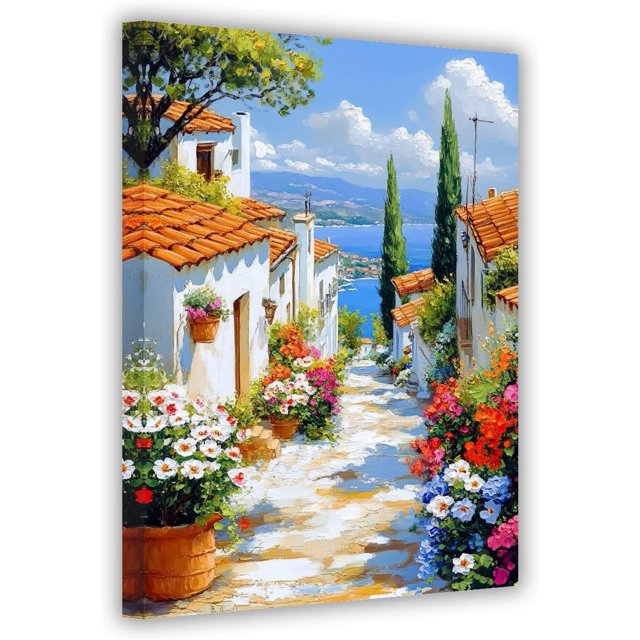 Impresión en lienzo de paisaje de una cabaña rural, pintura al óleo de mar y naturaleza, cartel de flores naturales, ideal para salas y dormitorios rurales