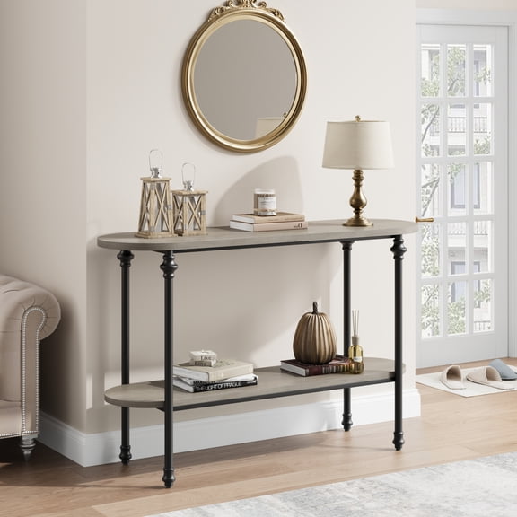 Slim 2-Tier Console Table – Rustic Industrial Narrow Sofa Side Table with Storage Shelf, Metal & Wood Frame – Entryway Hallway Living Room Behind Couch