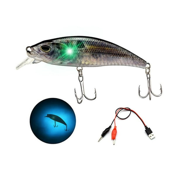 Luminous LED Fishing Lures Electric Rechargeable Green Hard Fishing Lure  with Treble Hook for Bass Trout Freshwater Saltwater 