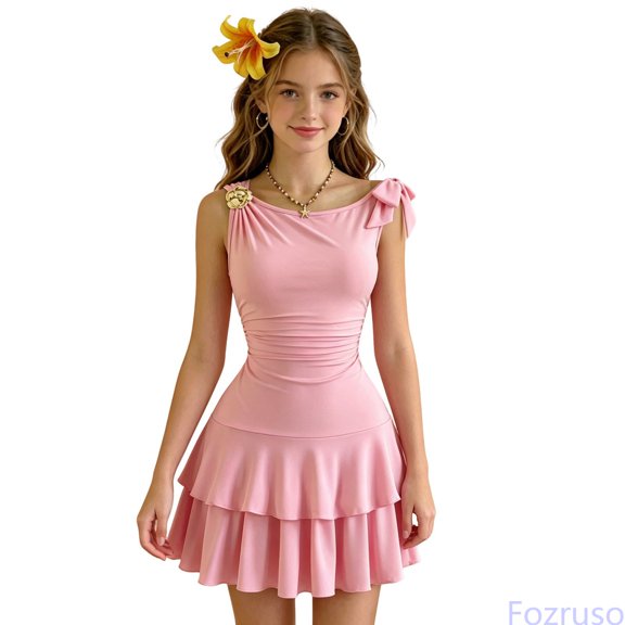 Fozruso Girls Summer Dresses Summer Sleeveless Dress For Girls Tiered Ruffle Basic Cute Swing Dress,12-13 Years