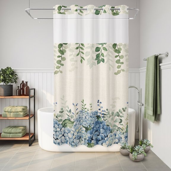 No Hook Shower Curtain Blue Hydrangea Waterproof Fabric Shower Curtain Green Eucalyptus Leaves Linen Hotel Style Bathroom Curtain with See Through Top Window Machine Washable 36x72in