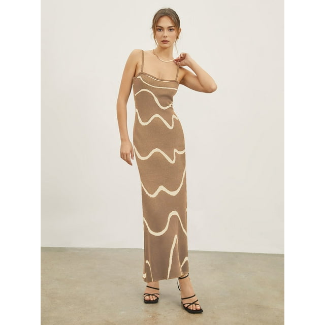Faithtur Robe d'Été Camisole en Tricot pour Femmes Imprimé Ondulé Bretelles Spaghetti Dos Ouvert Robe Midi de Fête