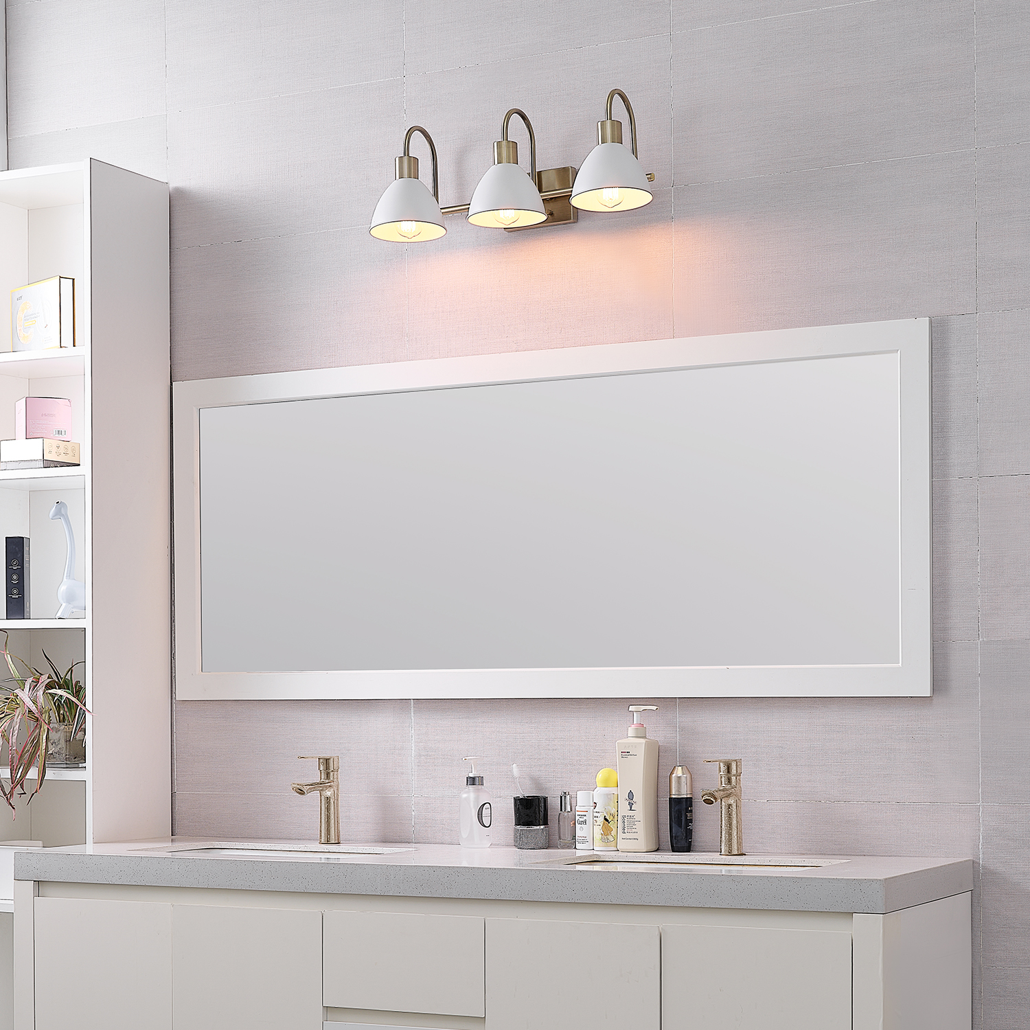 Globe Electric 24" 3-Light Matte Brass Vanity Light, White Metal Shades, Soft Glam Style, 91006818